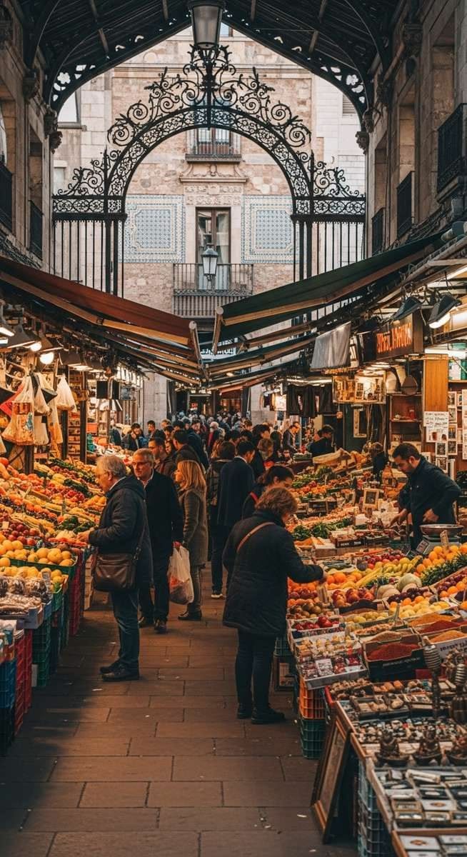 Fruit and vegetable stalls under the iron roof of a Barcelona market hall